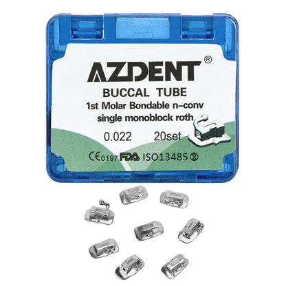 AZDENT Dental Orthodontic Buccal Tube 1st Molar Bondable MIM Monoblock Non-convertible Roth 0.022 20Sets/Box - azdentall.com