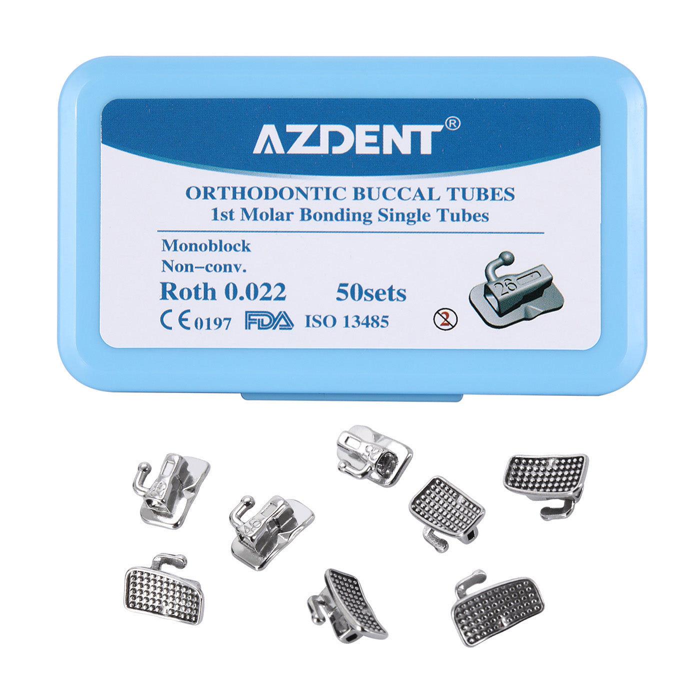 AZDENT Dental Orthodontic Buccal Tube 1st Molar Bondable Monoblock Non-Convertible Roth 0.022 50Sets/Box - azdentall.com