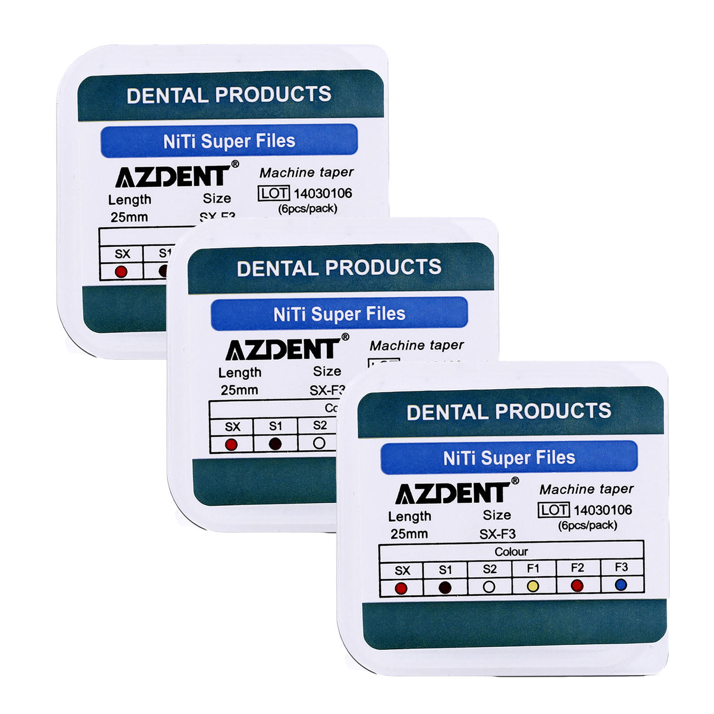 AZDENT Dental NiTi Protaper Rotary Engine Files 25mm Assorted SX-F3 6pcs/Pk-azdentall.com