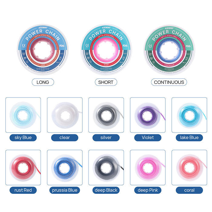 AZDENT Dental Orthodontic Colored Elastic Power Chain 15 Ft/Spool 10 Colors - azdentall.com