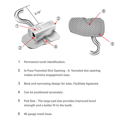 AZDENT Dental Orthodontic 1st Molar Bondable Tube with Sliding Crimpable Hook MBT 0.022 4pcs/Bag - azdentall.com