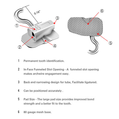 AZDENT Dental Orthodontic 1st Molar Bondable Tube with Sliding Crimpable Hook Roth 0.022 4pcs/Bag - azdentall.com