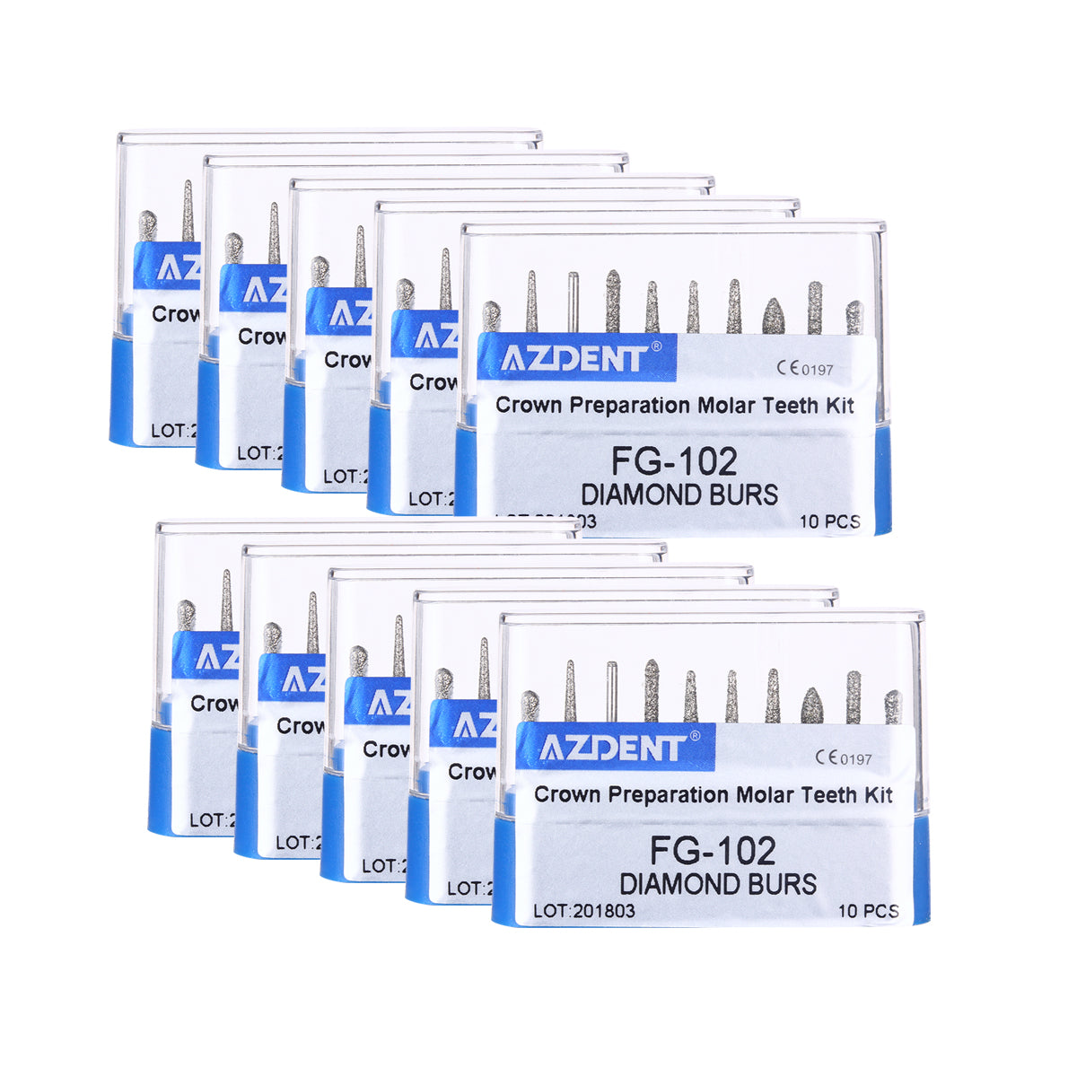 AZDENT Dental Diamond Bur FG-102 Crown Preparation Molar Teeth Kit 10pcs/Kit-azdentall.com