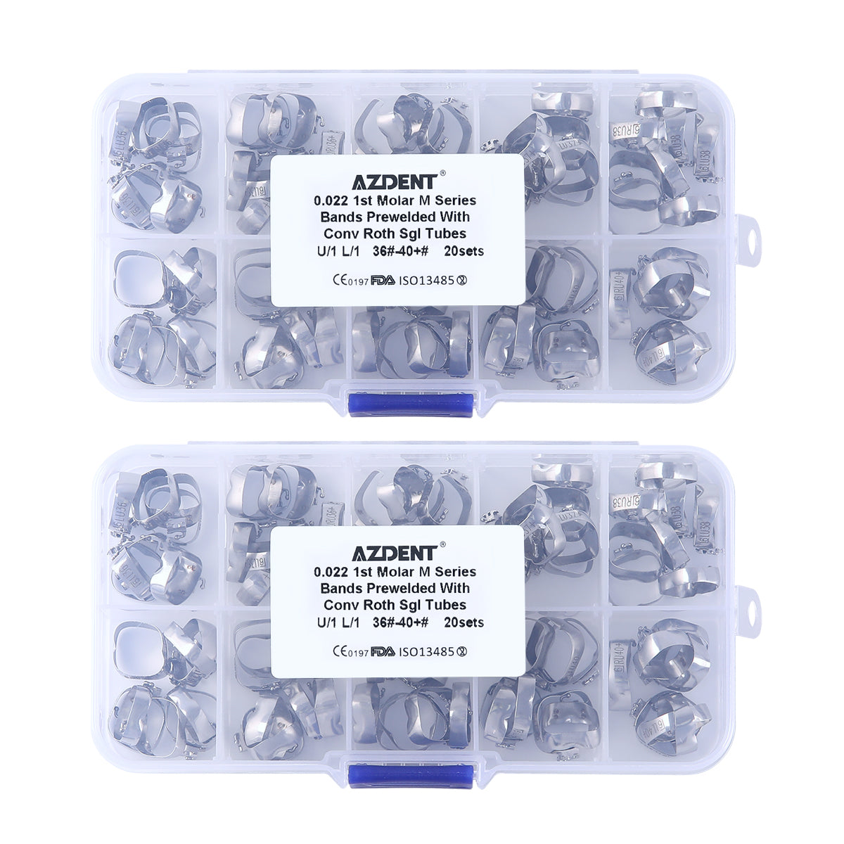 2 Boxes AZDENT 1st M Series Bands with Buccal Tube Convertible Roth .022 Single U/1 L/1 36#-40+# 20sets/Box - azdentall.com