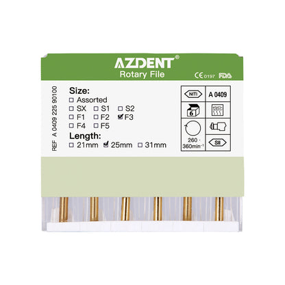 AZDENT Dental NITI Rotary Engine Files Heat Activated 25mm F3 6pcs/Pk-azdentall.com