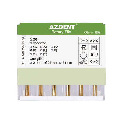 AZDENT Dental NITI Rotary Engine Files Heat Activated 25mm F1 6pcs/Pk-azdetall.com