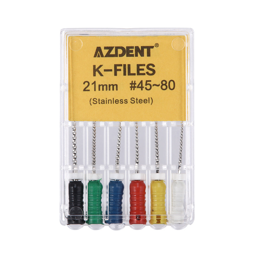 AZDENT Dental Hand K-Files Stainless Steel 21mm #15-80 6p/Pk 9 Color-azdentall.com